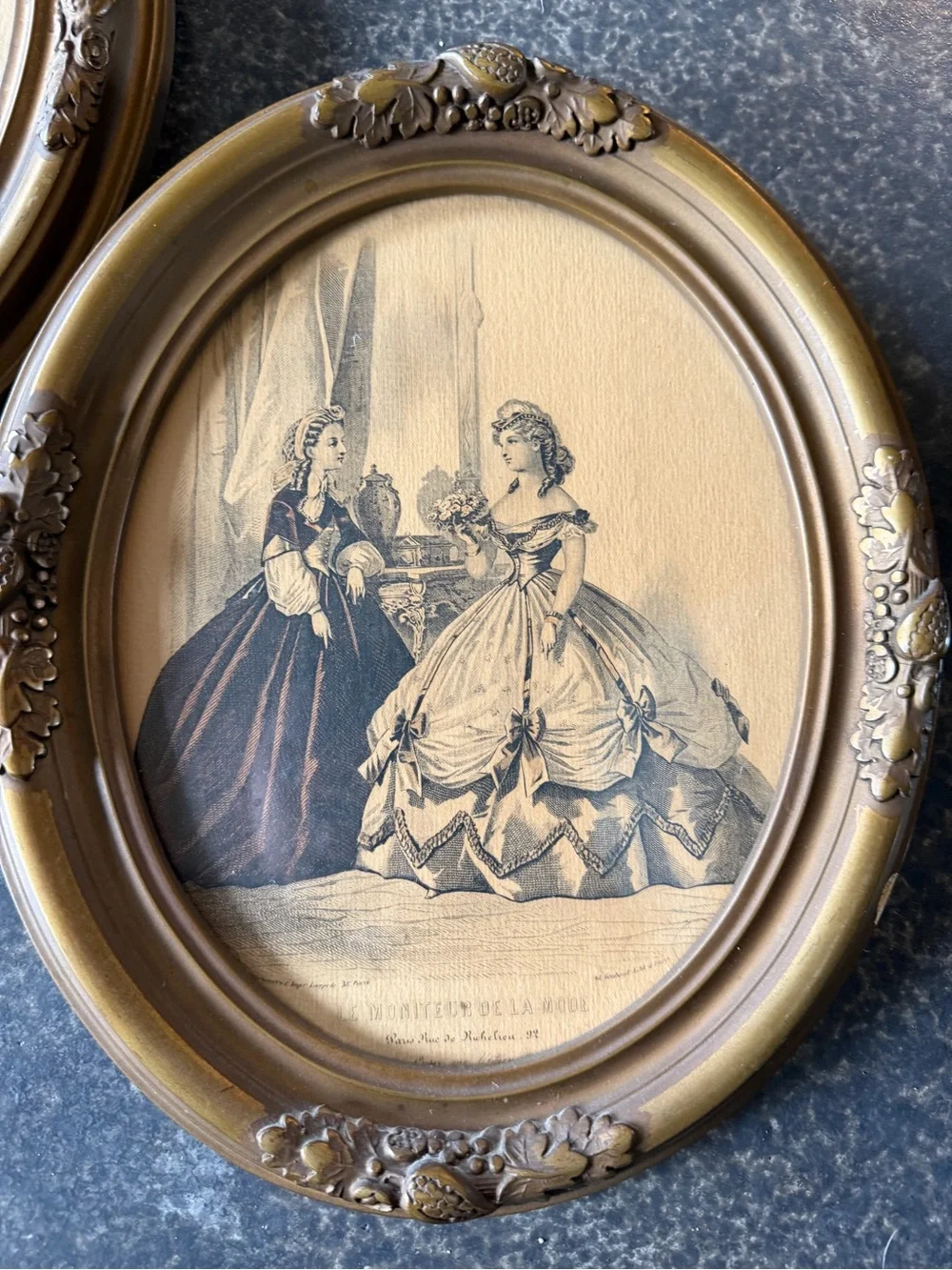 Antique Oval framed La Mode Illustree‎ Ladies in Gowns Paris mid 1800's set 2